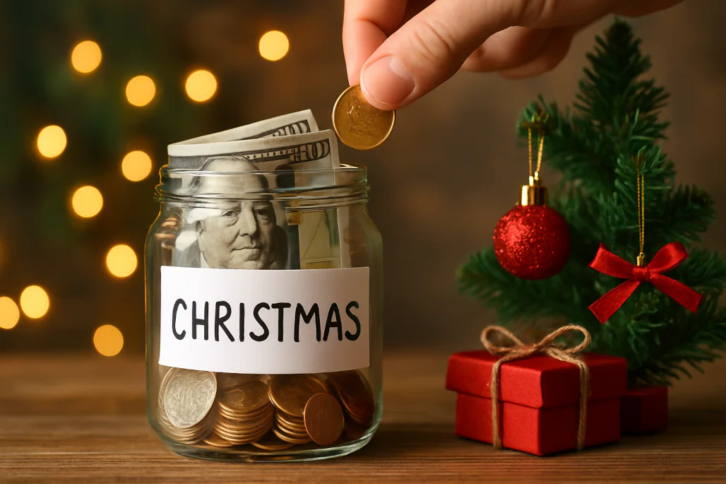 Save Money This Christmas as someone puts coins in a jar
